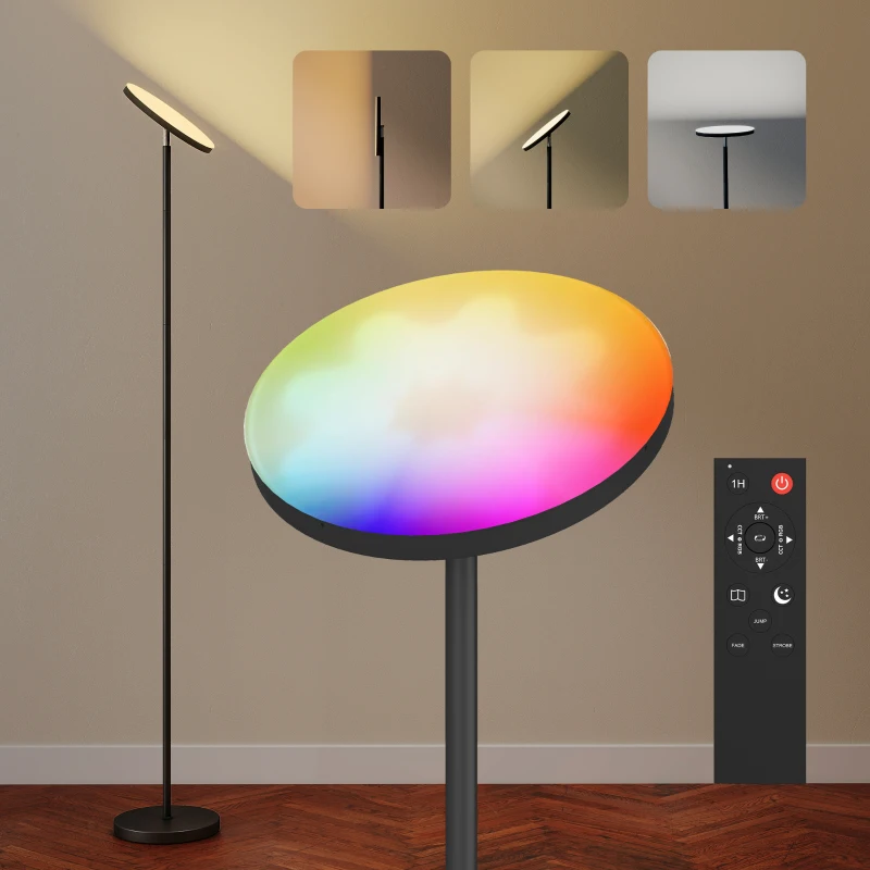 HOMCOM RGB Uplighter Floor Lamp, Tall Dimmable Standing Lamp with Remote & Touch Control, 350° Rotatable Head for Living Room Bedroom, 2700K-6000K Colour Temperatures, Black