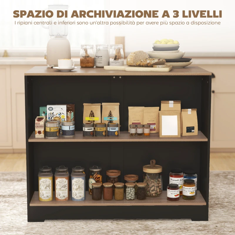 HOMCOM Bancone Bar Isola da Cucina con 3 Ripiani per Soggiorno e Salotto, 113x60x90 cm, Nero e Legno