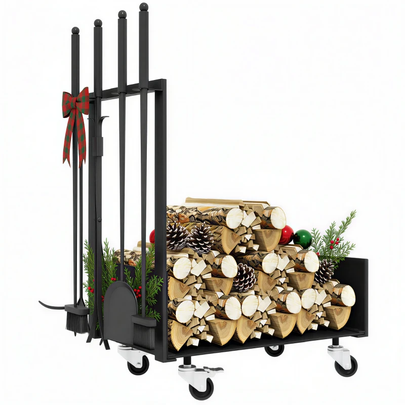 Outsunny Range-bûches porte-bûches avec roues pelle balai tisonnier pince pour intérieur 48l x 30P x 76H cm métal noir