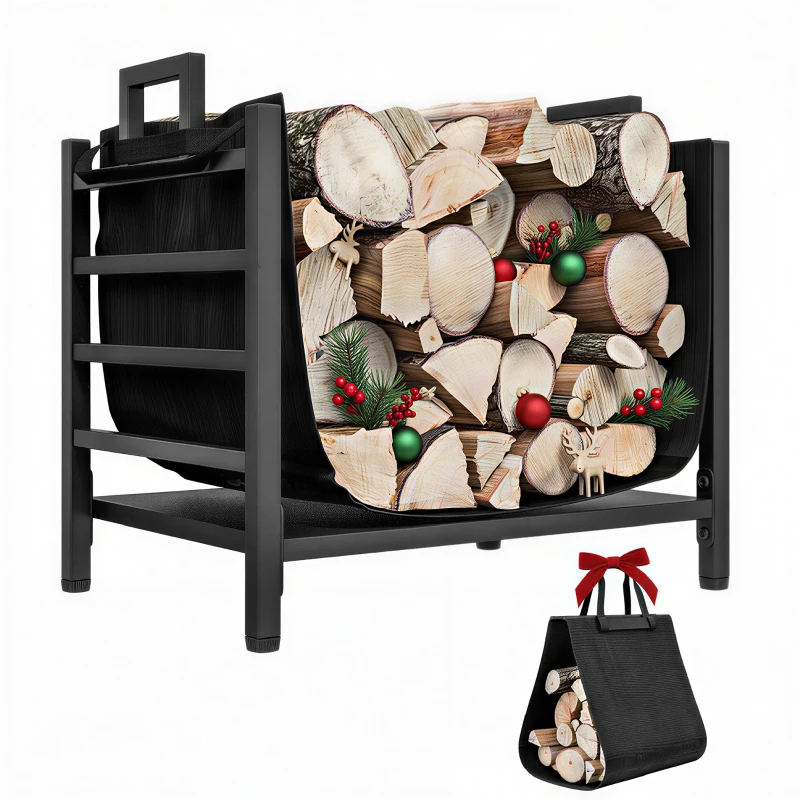 Outsunny Porte-bûches, range-bûches, avec transporteur amovible, intérieure, 49l x 34P x 44H cm, métal, noir