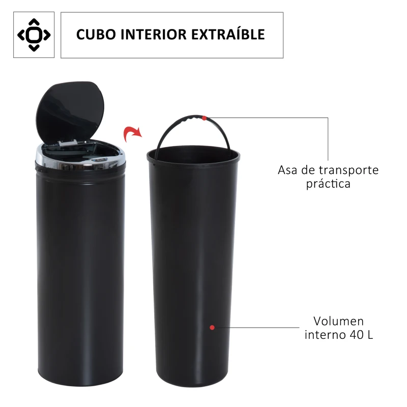 HOMCOM Cubo de Basura Automático 50L con Tapa Cierre Suave y Silencioso Cuerpo de Acero Inoxidable Negro