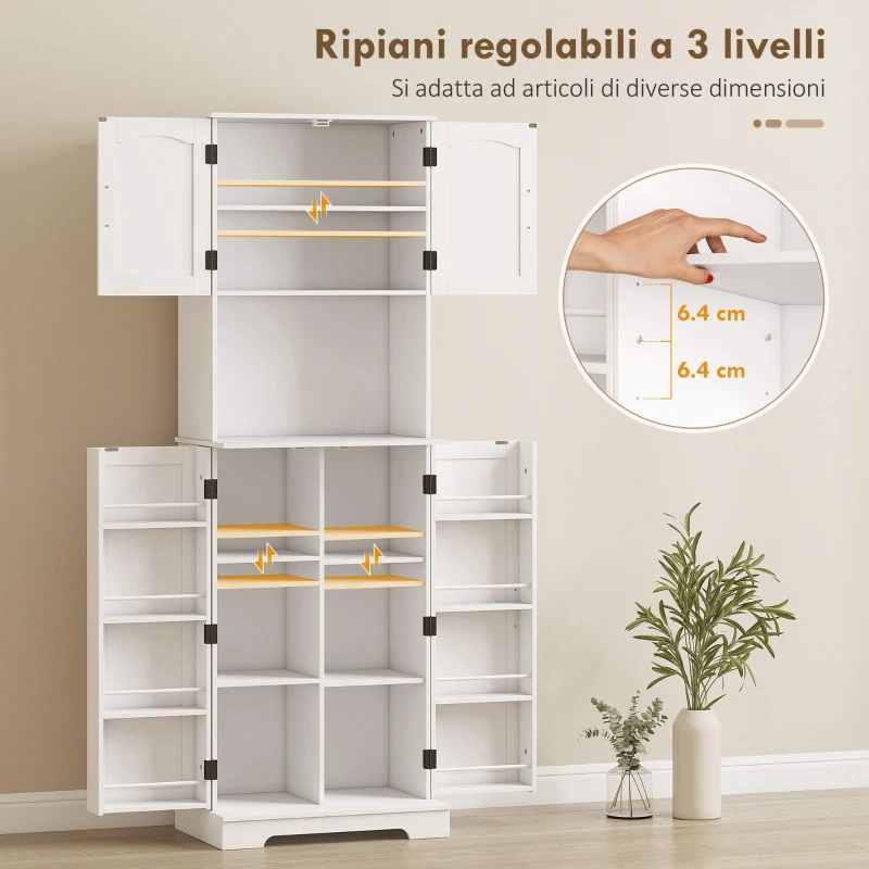 HOMCOM Credenza da Cucina Alta Stile Country, 2 Armadietti e 8 Portaspezie, 60x40x181.5 cm, Bianco