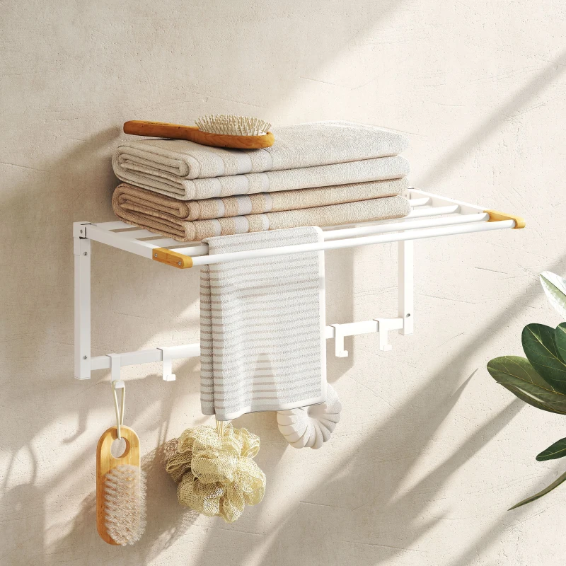 HOMCOM Portasciugamani a Parete Pieghevole con 5 Barre e 6 Ganci in Legno e Acciaio, 60x32.5x20 cm, Bianco