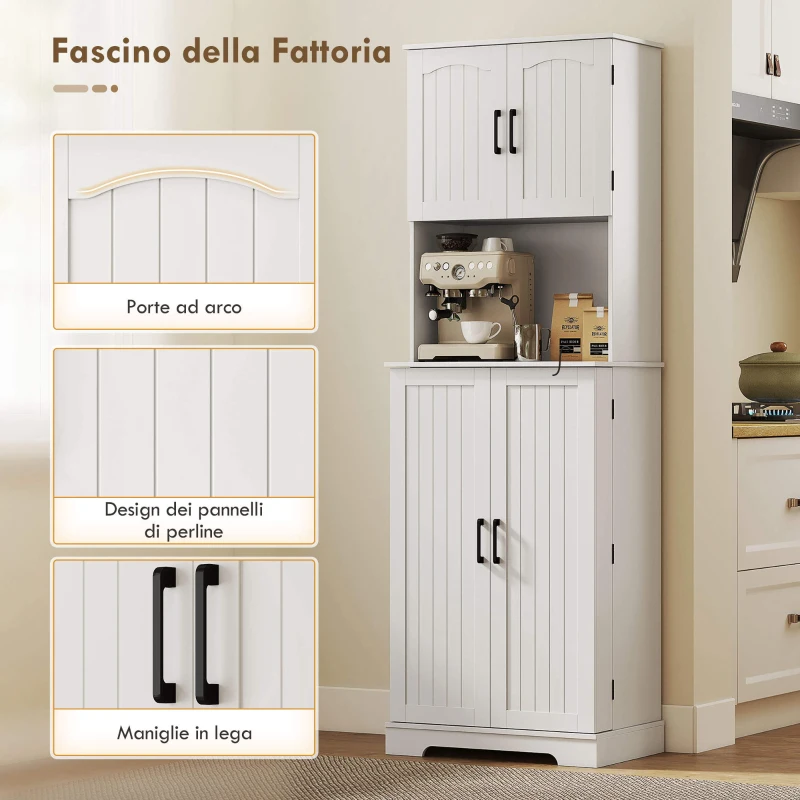 HOMCOM Credenza da Cucina Alta Stile Country, 2 Armadietti e 8 Portaspezie, 60x40x181.5 cm, Bianco