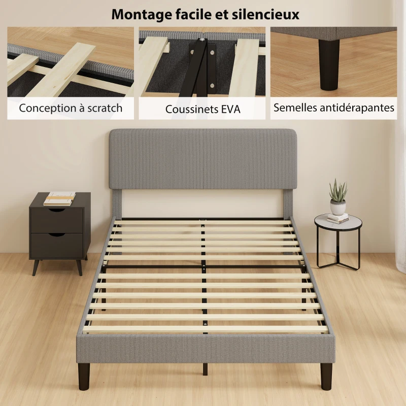 HOMCOM Cadre de lit 140 x 190 cm, sommier à lattes en bois, tête de lit réglable, lit double rembourré en velours côtelé, gris