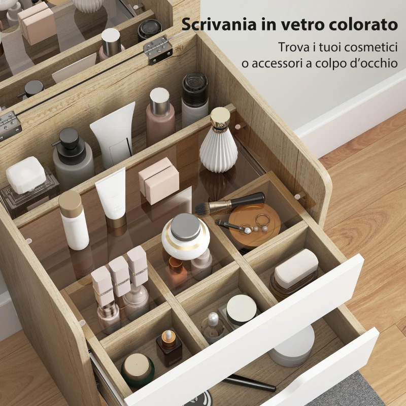 HOMCOM Tavolo da Trucco 3 in 1 con Specchio, Vano, 2 Cassetti e Sgabello, in Legno, 50x40x78 cm, Bianco e Rovere