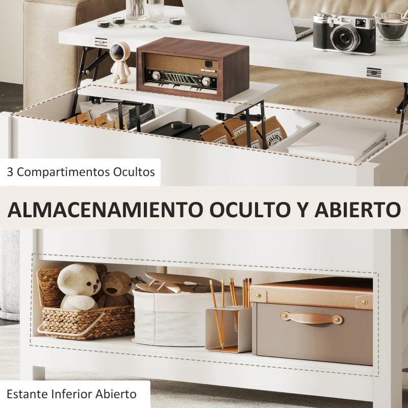 HOMCOM Mesa de Centro Elevable y Extensible con Compartimentos Ocultos Estante Abierto 100x90x64 cm Blanco
