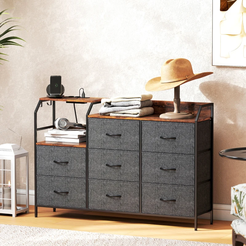 HOMCOM Commode, meuble de rangement avec station de recharge, 8 tiroirs en tissu, étagère ouverte, 130,5x30x88cm, marron