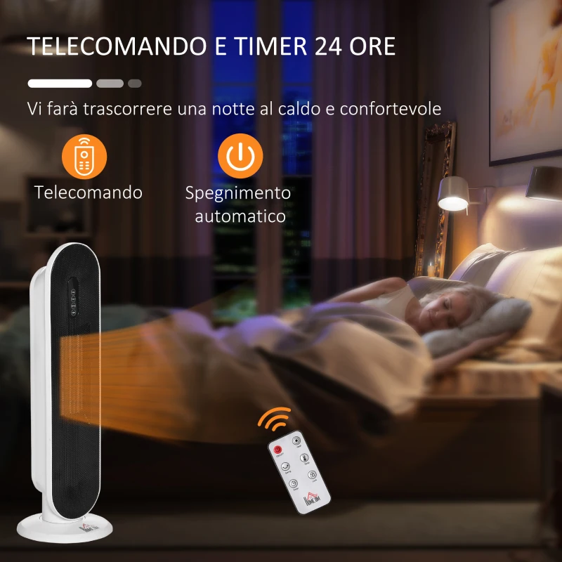HOMCOM Stufa Elettrica Oscillante con Telecomando, Timer e 2 Modalità, in PP, PA e Metallo, 21x21x63.5 cm, Bianca e Nera
