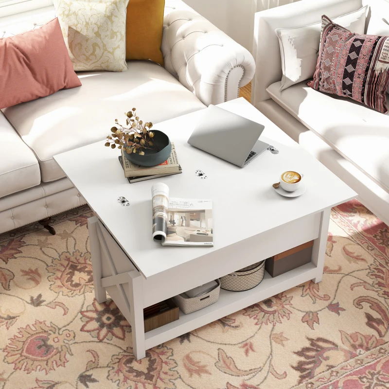 HOMCOM Mesa de Centro Elevable y Extensible con Compartimentos Ocultos Estante Abierto 100x90x64 cm Blanco