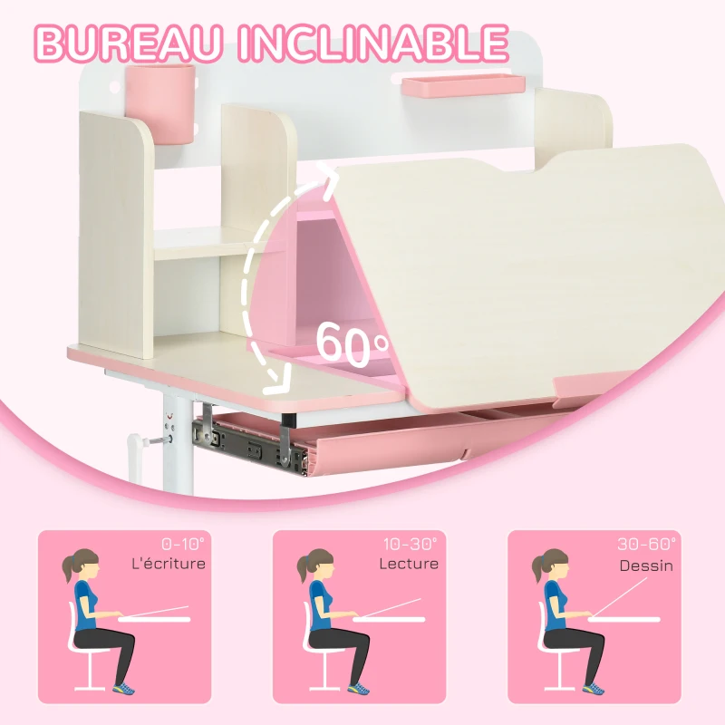 HOMCOM Ensemble bureau et chaise pour enfants hauteur réglable et plateau inclinable 0-60° table 80 x 52 x 88-109 cm rose