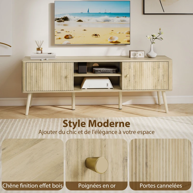 HOMCOM Meuble TV, meuble télé jusqu'à 65 pouces avec 2 portes, 2 compartiments ouverts, étagère réglable, 140x35x49cm, chêne