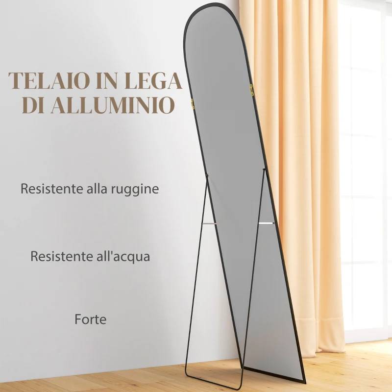 HOMCOM Specchio da Terra e Parete Moderno in Lega di Alluminio con Supporto Pieghevole, 50x170 cm, Nero