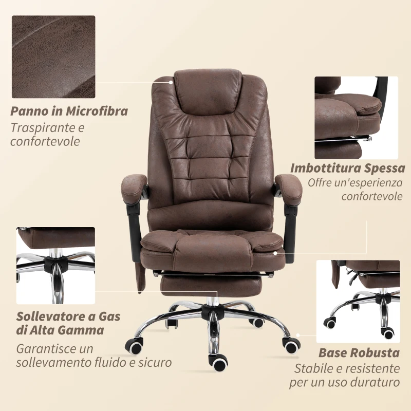 Vinsetto Poltrona da Ufficio con Telecomando e 6 Punti di Massaggio, in Microfibra, 65x70x111-119 cm, Marrone