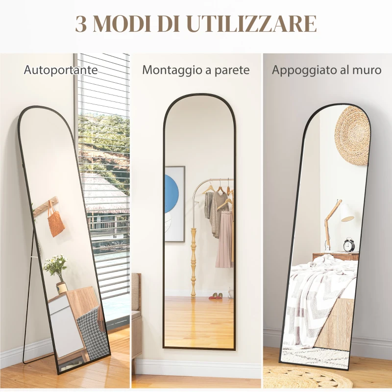 HOMCOM Specchio da Terra e Parete Moderno in Lega di Alluminio con Supporto Pieghevole, 50x170 cm, Nero
