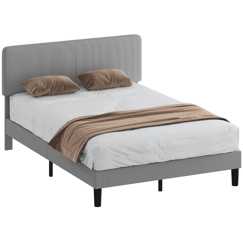 HOMCOM Cadre de lit 140 x 190 cm, sommier à lattes en bois, tête de lit réglable, lit double rembourré en velours côtelé, gris
