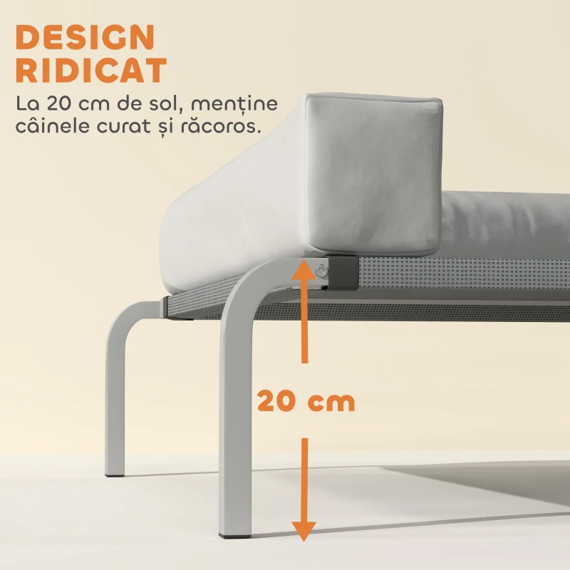 PawHut Pat Ridicat cu Pernă Detasabilă, Plasa Ventilată, Talie Medie, Gri Deschis