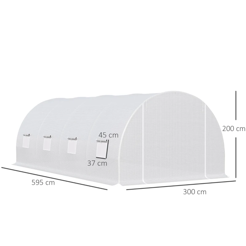 Outsunny Estufa Tipo Túnel 595x300x200 cm com 8 Janelas e Cobertura de Polietileno para Cultivo de Plantas Estrutura de Aço 24mm para Jardim Branco