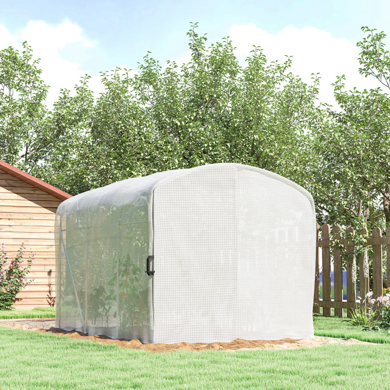 Outsunny 6m² Tunnel Garden Greenhouse, 300x200x195cm PE Cover 220 g/m² 50 cm Extended Edges with Door White