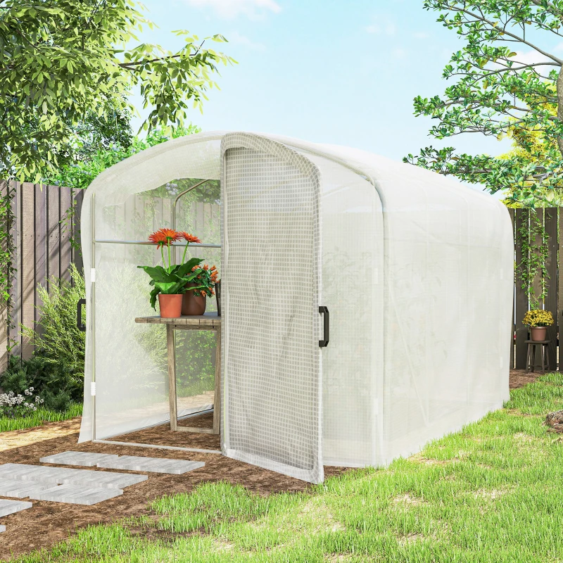 Outsunny Folientunnel-Gewächshaus 6 m², Tunnelgewächshaus 300x200x195cm, PE-Plane 220 g/m², 50 cm verlängerte Ränder, mit Tür, Weiß