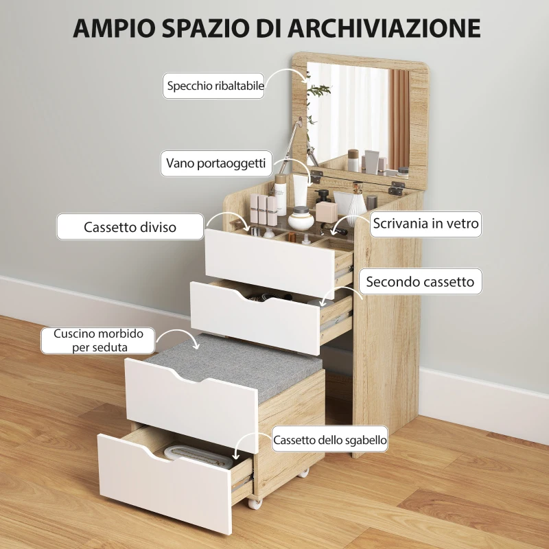 HOMCOM Tavolo da Trucco 3 in 1 con Specchio, Vano, 2 Cassetti e Sgabello, in Legno, 50x40x78 cm, Bianco e Rovere