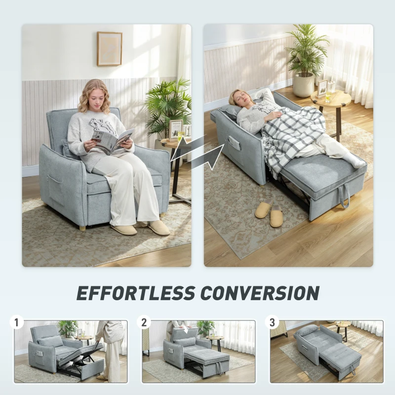 HOMCOM Poltrona Letto 3 in 1 con Schienale Reclinabile e Cuscino, Rivestimento in Ciniglia, 88x84x87 cm, Grigio