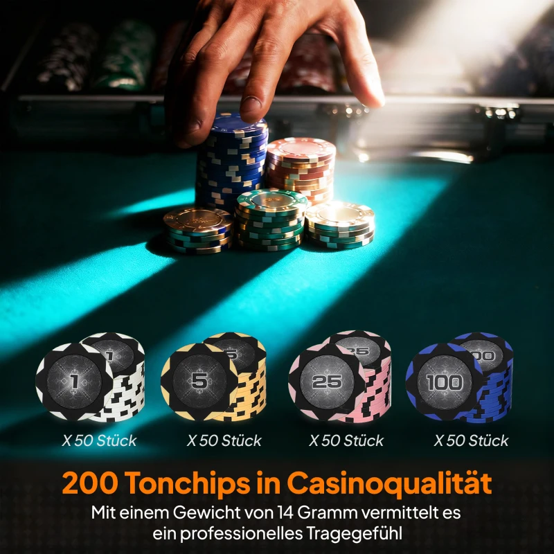 SPORTNOW Pokerchips-Set in Koffer, mit Würfeln, Dealer-Button, 2 Kartendecks, Silberfarben