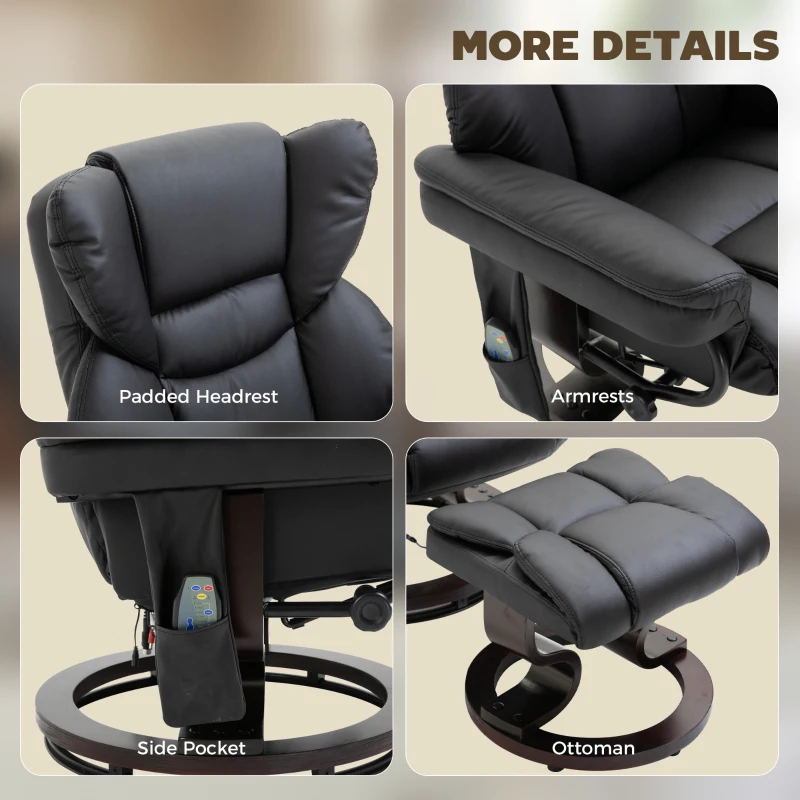 HOMCOM Poltrona Relax con Pouf Poggiapiedi e Funzione Massaggio, Reclinabile a 145° e Girevole a 360°, Nero