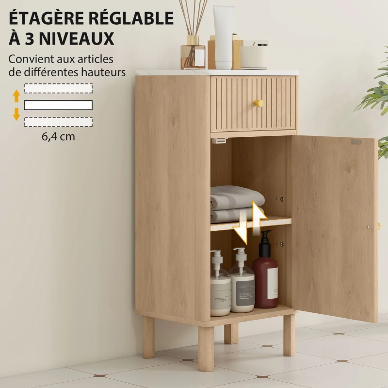 HOMCOM Meuble de salle de bain, meuble de rangement avec plateau effet marbre et porte rainurée, tiroir 36 x 30 x 80 cm, chêne