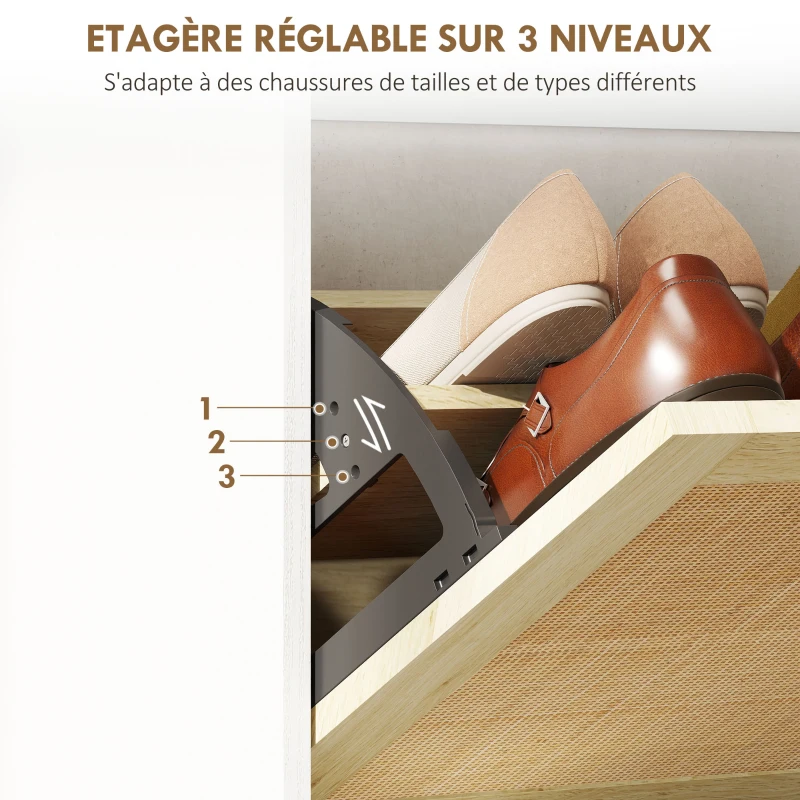 HOMCOM Meuble à chaussures 3 portes abattants étagère effet résine tressée design bohème 65 x 24,5 x 153 cm blanc