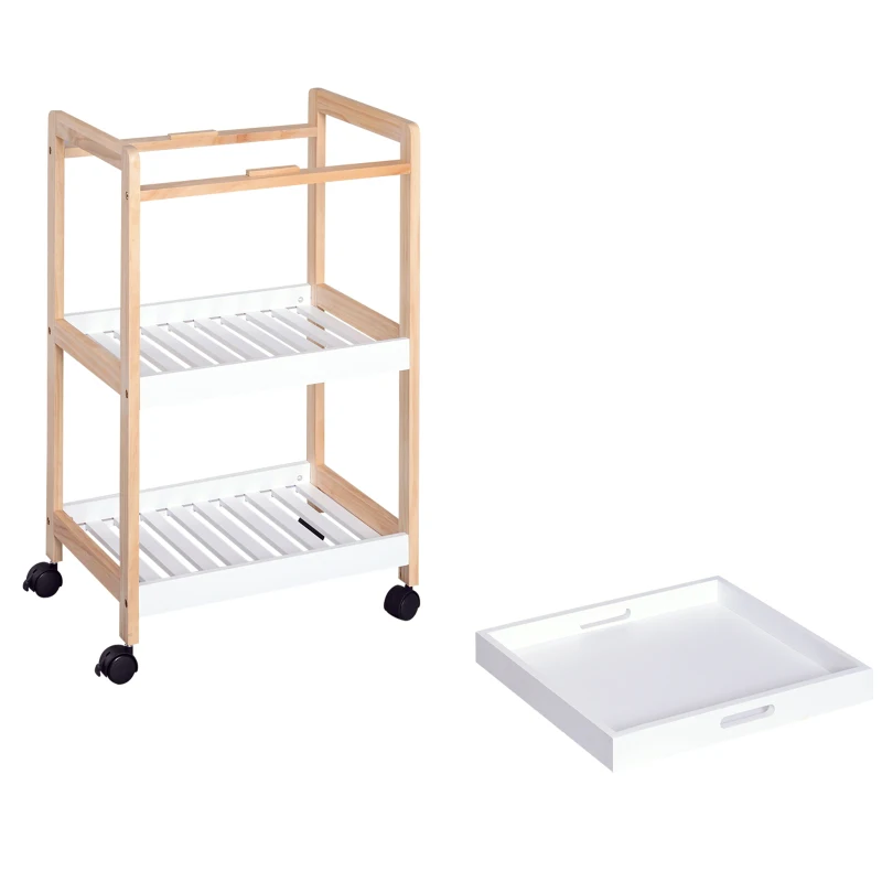 HOMCOM Chariot de service desserte de cuisine à roulettes 2 étagères + plateau amovible bois de pin MDF blanc