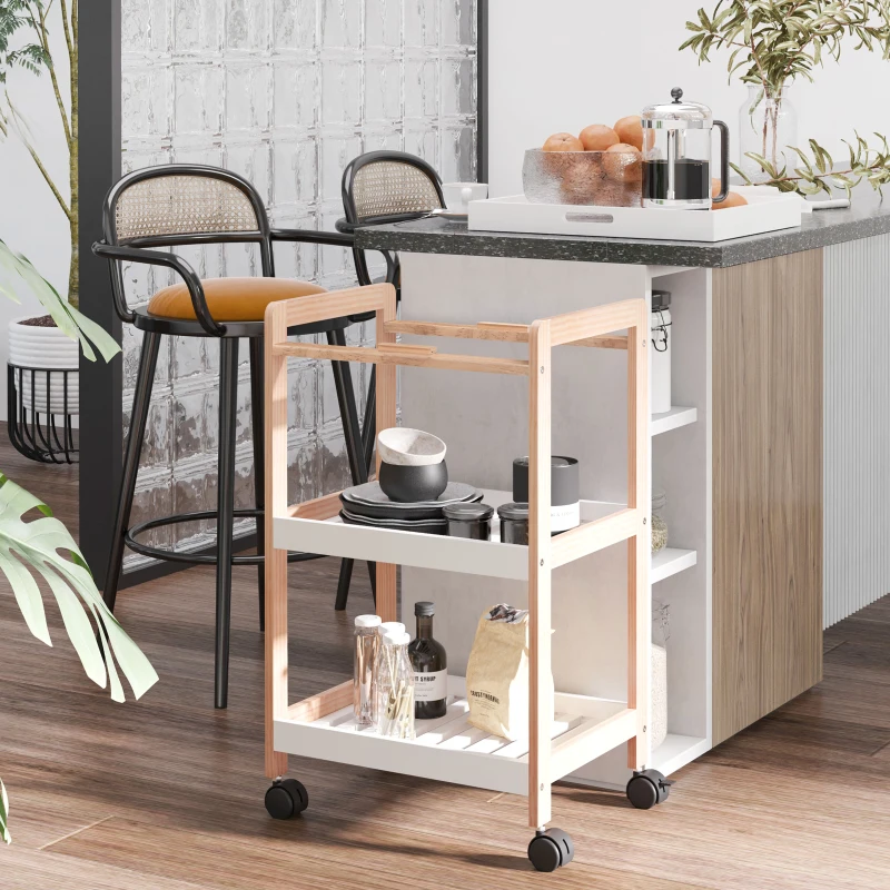 HOMCOM Chariot de service desserte de cuisine à roulettes 2 étagères + plateau amovible bois de pin MDF blanc