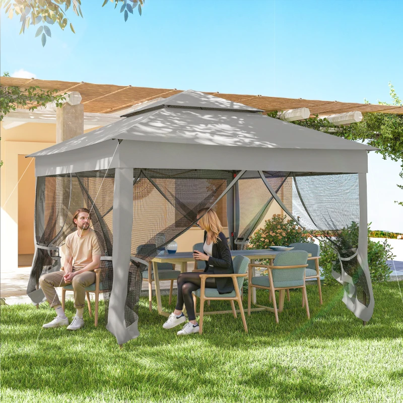 Outsunny Tenda Dobrável Exterior 325x325x270 cm Tenda de Jardim com Teto Duplo Rede Mosquiteira Amovível e Bolsa de Transporte Cinzento