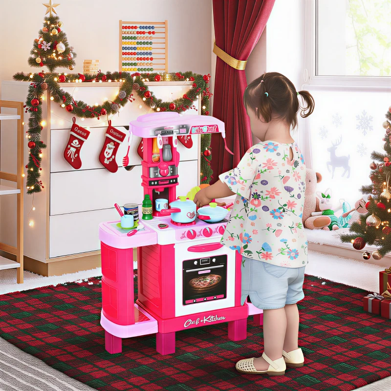 HOMCOM Cuisine pour Enfant Recettes Jeu d'imitation 38 Accessoires Inclus Sons et lumières polypropylène Rose(m-2)