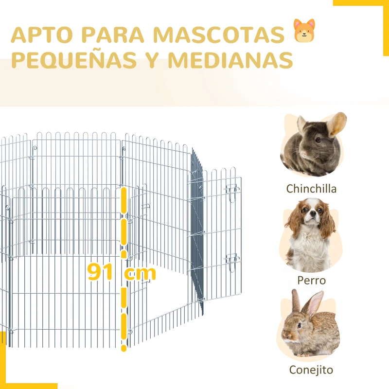 PawHut Vallas para Perros Plegables de 8 Piezas 63x76 cm con 1 Puerta y Marco de Acero para Jardín Patio Plata