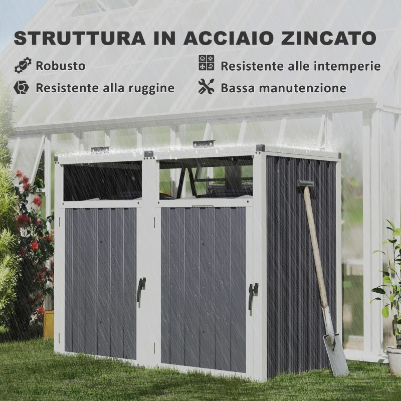 Outsunny Copri Bidoni Spazzatura a 2 Sezioni con Coperchio Sollevabile, in Acciaio Zincato, 146x81x122 cm, Grigio Scuro