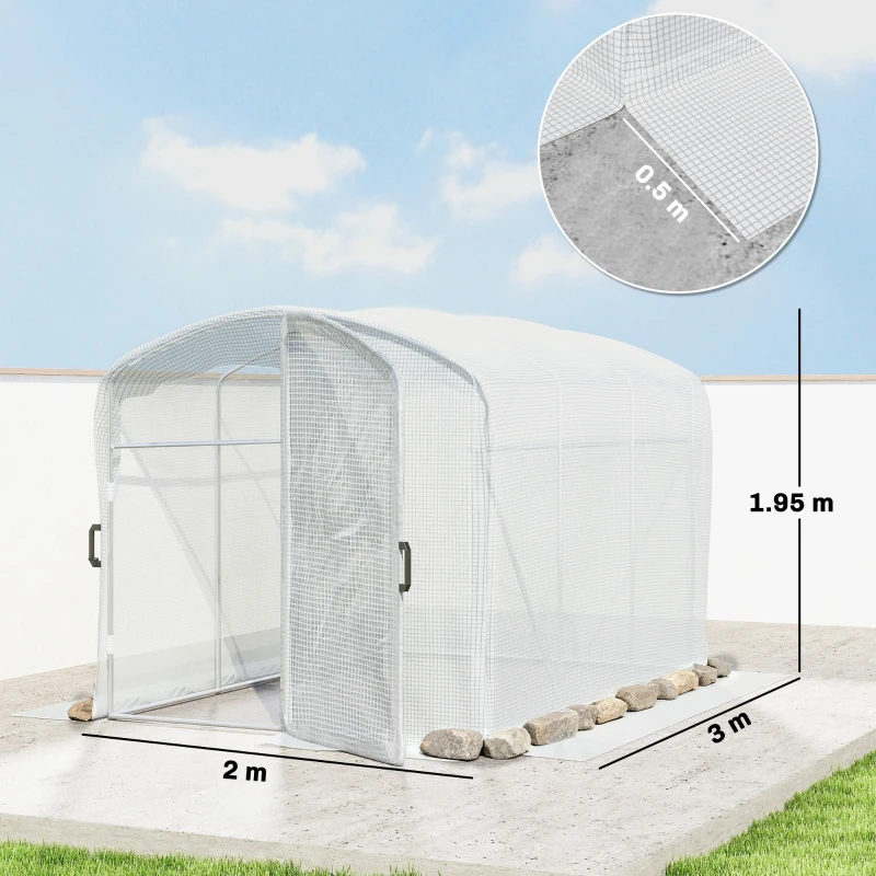 Outsunny 6m² Tunnel Garden Greenhouse, 300x200x195cm PE Cover 220 g/m² 50 cm Extended Edges with Door White