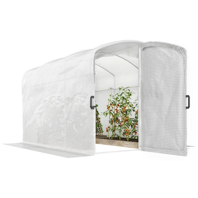 Outsunny Folientunnel-Gewächshaus 6 m², Tunnelgewächshaus 300x200x195cm, PE-Plane 220 g/m², 50 cm verlängerte Ränder, mit Tür, Weiß