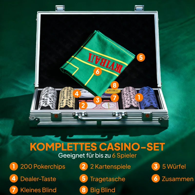 SPORTNOW Pokerchips-Set in Koffer, mit Würfeln, Dealer-Button, 2 Kartendecks, Silberfarben