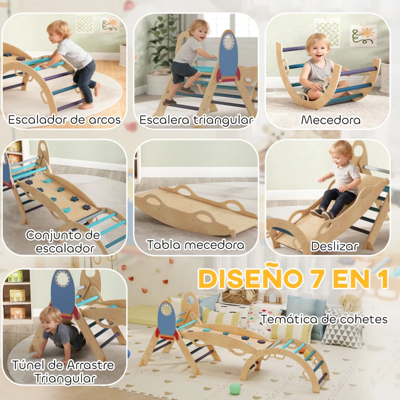 AIYAPLAY 8 en 1 Triángulo de Escalada Montessori de Madera Tema de Cohetes con Arco y Rampa para Niños de 18-48 Meses Azul