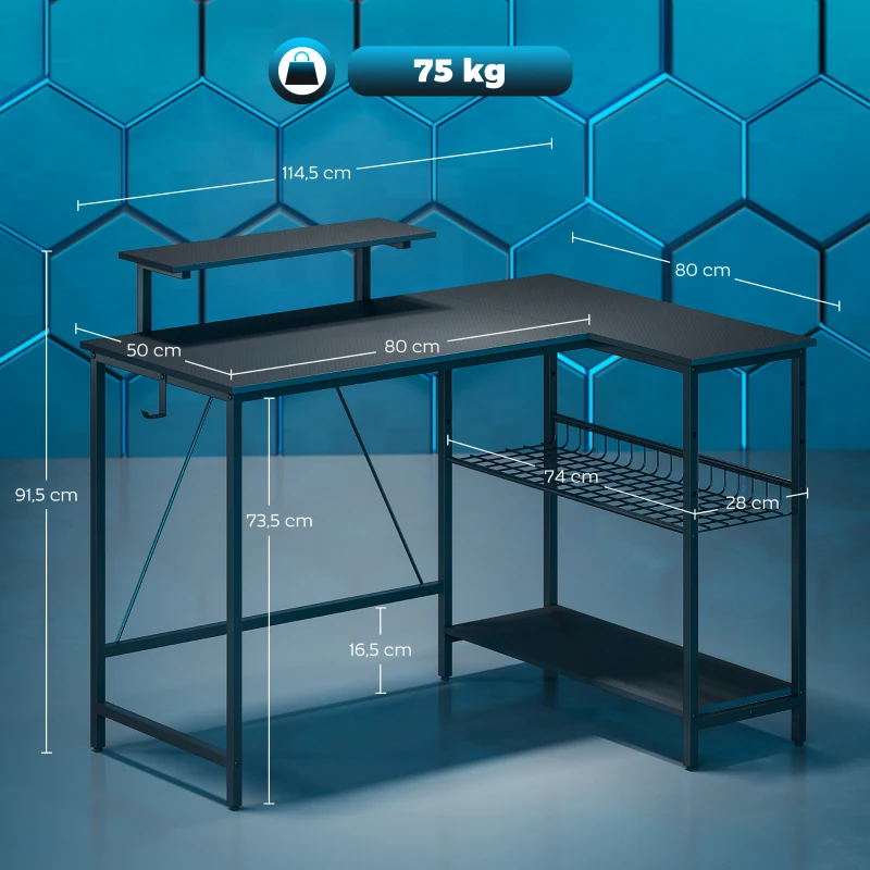 HOMCOM Bureau gaming réversible, bureau gaming d'angle, support pour écran, étagère en maille réglable, 114,5x82x91,5cm, noir