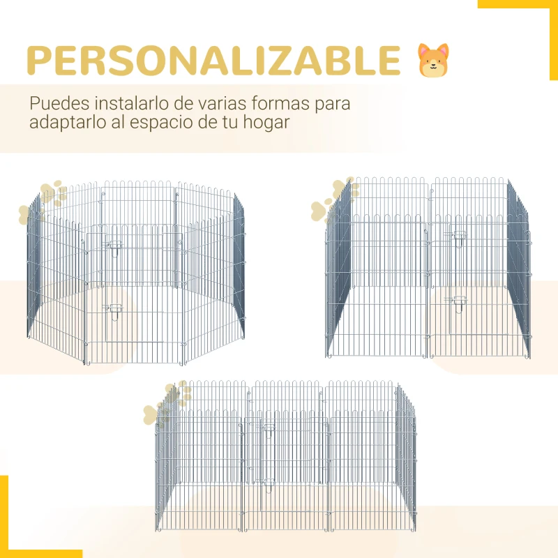 PawHut Vallas para Perros Plegables de 8 Piezas 63x76 cm con 1 Puerta y Marco de Acero para Jardín Patio Plata