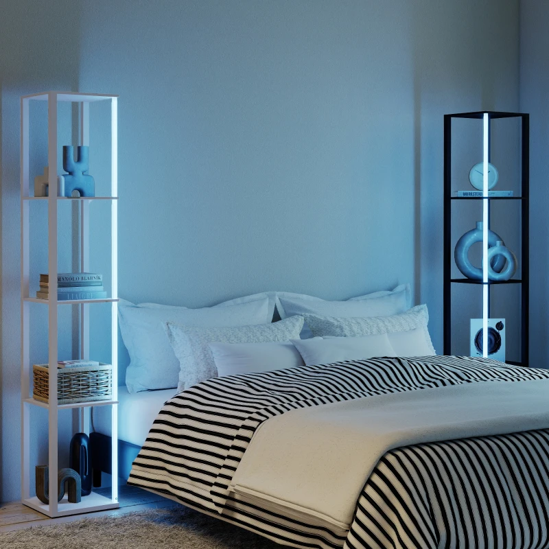 HOMCOM RGB LED Floor Lamp with Shelves, Modern Dimmable Standing Lamp with Remote Control, Adjustable Brightness & Speed for Living Room, Bedroom, Office, Black