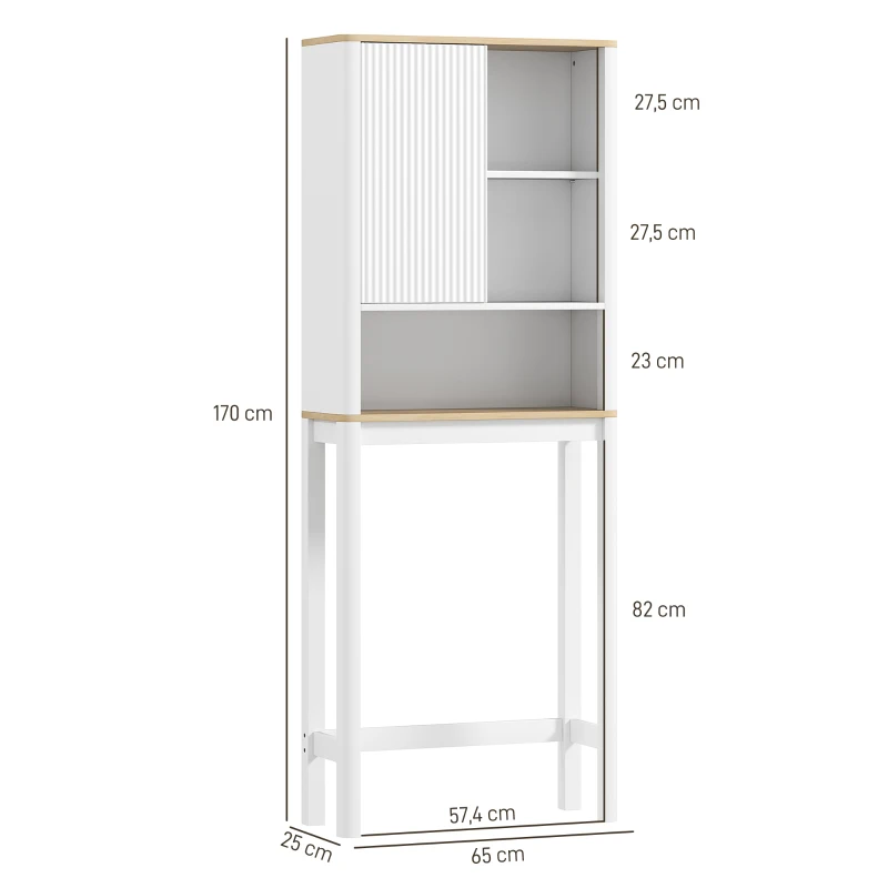HOMCOM Meuble de rangement au-dessus des toilettes avec porte cannelée, compartiments, étagère réglable, 65x25x170cm, blanc