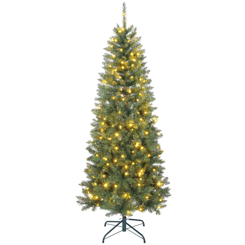 HOMCOM Sapin de Noël artificiel 180 cm, arbre de Noël fin avec 250 lumières, 899 pointes, support en métal pliable, vert