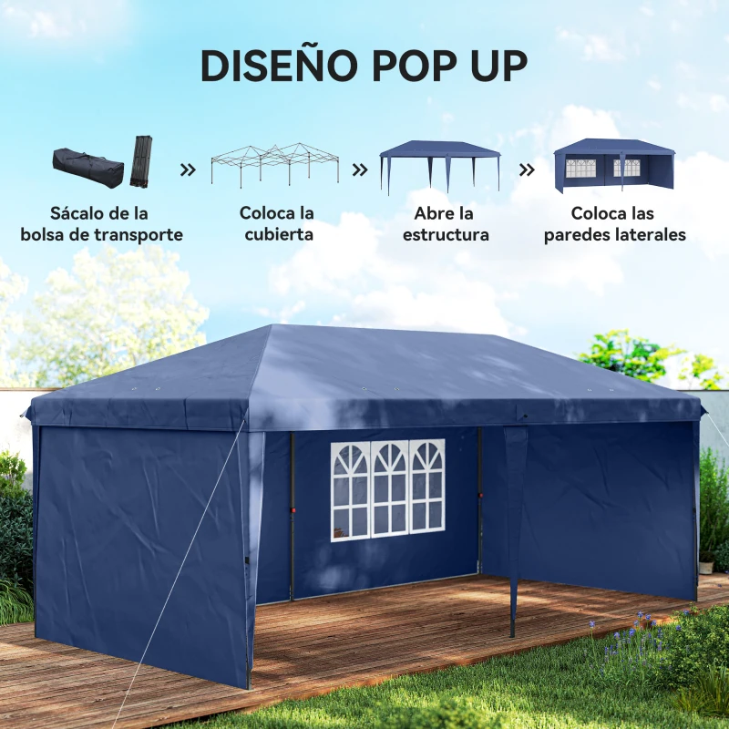 Outsunny Carpa Plegable 6x3 m Pop-up con 4 Laterales Desmontables Cenador de Jardín con 2 Ventanas y Bolsa de Transporte Azul