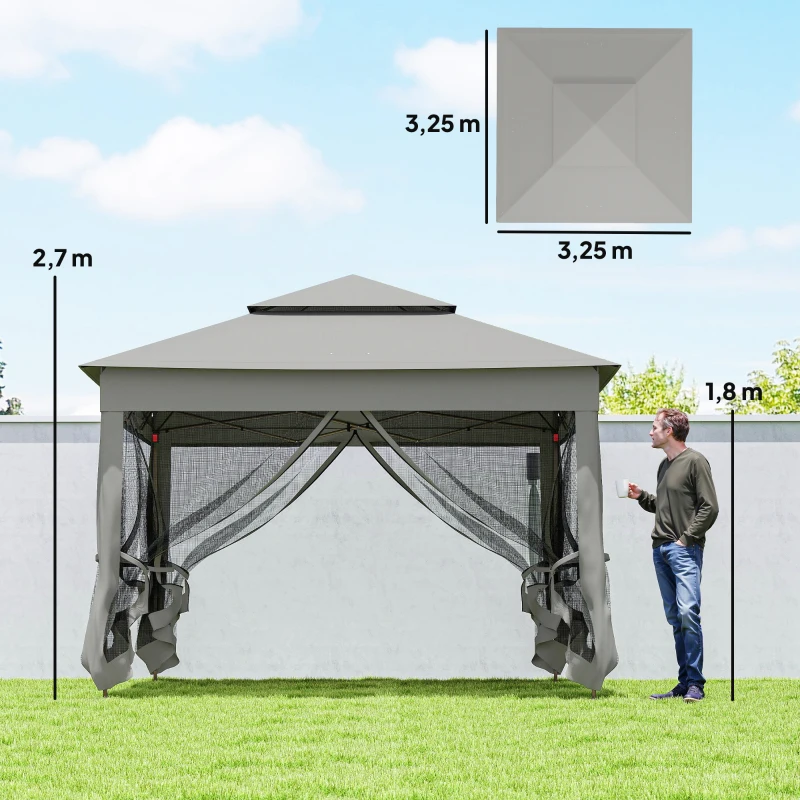 Outsunny Tenda Dobrável Exterior 325x325x270 cm Tenda de Jardim com Teto Duplo Rede Mosquiteira Amovível e Bolsa de Transporte Cinzento