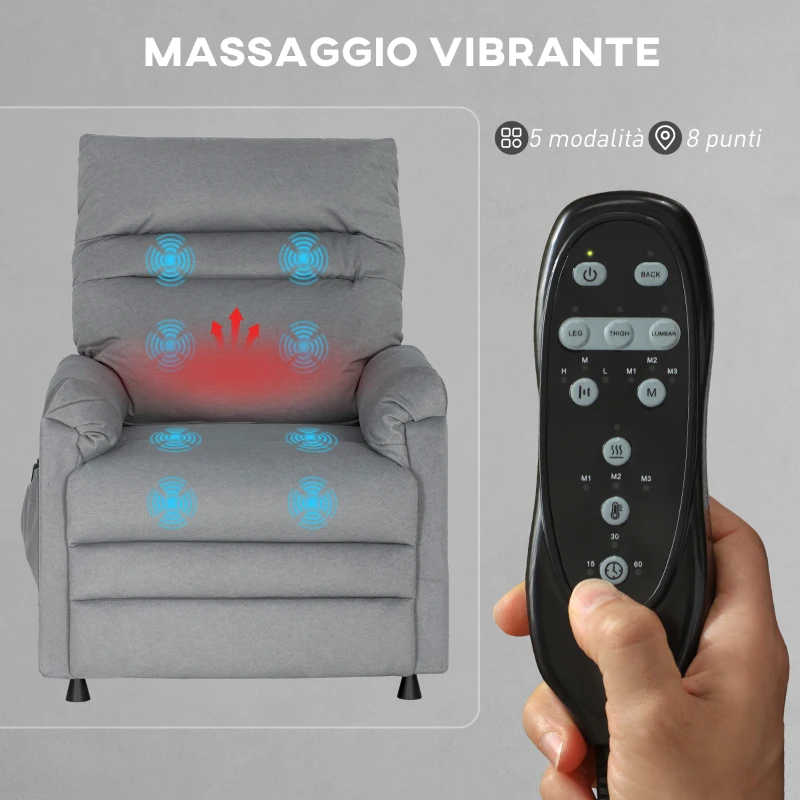 HOMCOM Poltrona Reclinabile con 8 Punti Massaggio e 5 Modalità, Poggiapiedi, Riscaldamento, Tessuto Vellutato, Grigio