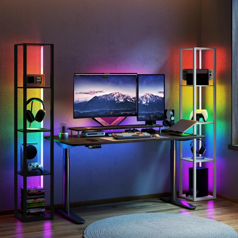 HOMCOM RGB LED Floor Lamp with Shelves, Modern Dimmable Standing Lamp with Remote Control, Adjustable Brightness & Speed for Living Room, Bedroom, Office, Black