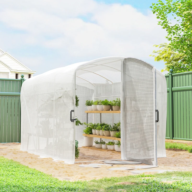 Outsunny Folientunnel-Gewächshaus 6 m², Tunnelgewächshaus 300x200x195cm, PE-Plane 220 g/m², 50 cm verlängerte Ränder, mit Tür, Weiß